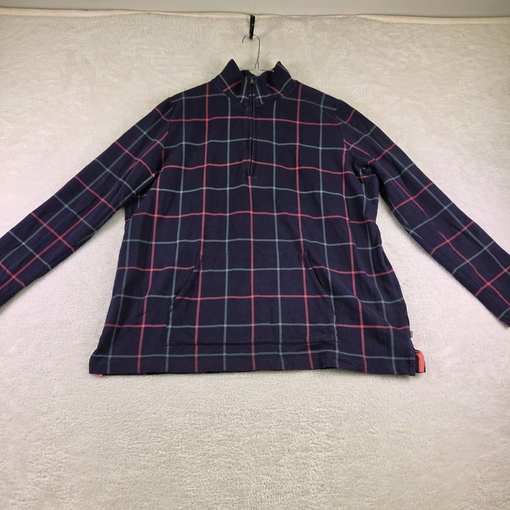 Talbots Womens 1X Navy Blue Plaid Quarter Zip Pullover Kangaroo Pocket Mock Neck